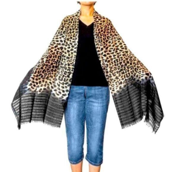 NWT - Leopard Print Brown/Black Shawl Wrap Fringe Scarf - OS Fits Most - Picture 1 of 5